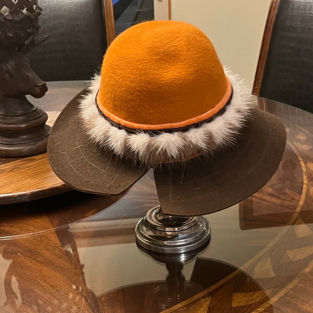 Elegant Orange and Brown Women's Hat with Fur Accent